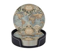 Sottobicchieri per bevande in pelle resistente al calore, set da 6, per bevande, vintage, mappa del vecchio mondo, tappetino per tazze da caffè, protezione rotonda da tavolo con supporto, 4"