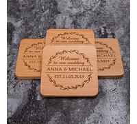 Sottobicchieri personalizzati in legno di faggio - Regali personalizzati per matrimoni, feste di addio al nubilato, regali per inaugurazione della casa nuova (set da 2 a 16)