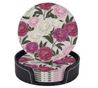 Sottobicchieri retrò rosa, bianchi e verdi con peonia e foglie per bevande con supporto, set di 6 sottobicchieri rotondi in pelle resistenti al calore, sottobicchieri per proteggere il tavolo, decoraz