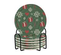 Sottobicchieri rotondi antiscivolo con supporto, confezione da 6 pezzi, motivo natalizio verde, rosso, bianco, cuore, fiocco di neve, decorazione minimalista per la casa per varie tazze, bar