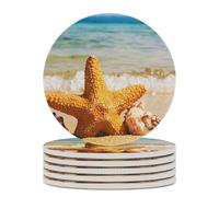 Sottobicchieri rotondi con base in sughero e motivo spiaggia e stelle marine per la protezione del tavolo e la decorazione della casa, 6 pezzi