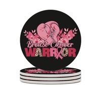 Sottobicchieri rotondi in ceramica assorbenti per tazze, confezione da 4,1 pollici, con nastro rosa per la lotta contro il cancro al seno e guantoni da boxe floreali.