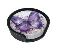 Sottobicchieri rotondi in pelle con farfalla con pittura a olio viola (set di 6) Decorazioni da tavola delicate e morbide, adatte per tazze da caffè, tazze, ecc.