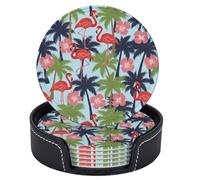 Sottobicchieri rotondi in pelle con fenicotteri rossi tropicali, palme e ibisco, set da 6, per bevande, con supporto, per proteggere il tavolo, come decorazione per la casa, come regalo per la cucina