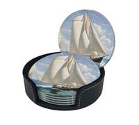 Sottobicchieri rotondi in pelle con stampa di barche a vela e paesaggio, 3,9 pollici, eleganti sottobicchieri in pelle PU con scatola portaoggetti per tavolo da pranzo
