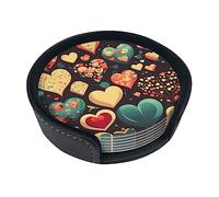 Sottobicchieri rotondi in pelle con stampa floreale a forma di cuore (set da 6) con colori ricchi, motivi unici e facili da usare.