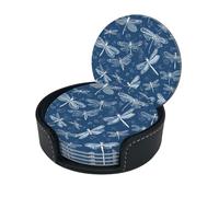 Sottobicchieri rotondi in pelle con stampa libellula blu da 3,9 pollici, eleganti sottobicchieri in pelle PU con scatola portaoggetti per tavolo da pranzo