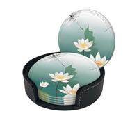 Sottobicchieri rotondi in pelle con stampa libellula e ninfea, 3,9 pollici, eleganti sottobicchieri in pelle PU con scatola portaoggetti per tavolo da pranzo