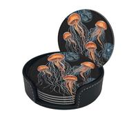 Sottobicchieri rotondi in pelle con stampa medusa blu e oro da 3,9 pollici, eleganti sottobicchieri in pelle PU con scatola portaoggetti per tavolo da pranzo