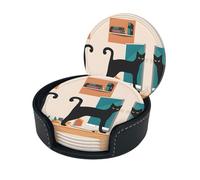 Sottobicchieri rotondi in pelle PU con stampa di gatto della metà del secolo scorso, con scatola, facili da pulire, resistenti alle macchie di calore, per casa, ufficio e cucina