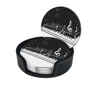 Sottobicchieri rotondi in pelle sintetica con stampa di note musicali, colore nero e bianco, confezione da 6, con scatola portaoggetti, facili da pulire, resistenti alle macchie di calore, per casa