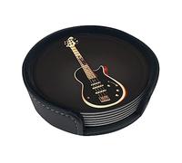 Sottobicchieri rotondi in pelle stampata a forma di chitarra nera (set da 6) con colori ricchi, motivi unici e facili da usare.