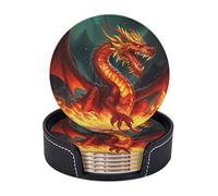 Sottobicchieri rotondi per bevande, set di 6, in pelle PU, con supporto, il re drago nel sottobicchiere per tazza di fuoco