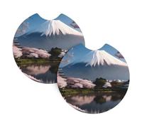Sottobicchieri stampati con il Monte Fuji all'inizio della primavera, sottobicchieri per auto, decorazione per la casa, protezione da tavolo, confezione da 2 pezzi, diametro 6,9 cm