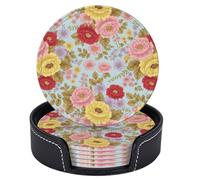 Sottobicchieri vintage con fiori rosa, gialli e rossi per bevande con supporto, set di 6 sottobicchieri rotondi in pelle resistenti al calore, per proteggere il tavolo, decorazioni per la casa, cucina