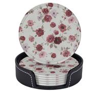 Sottobicchieri vintage con fiori rossi, rosa e viola per bevande con supporto, set di 6 sottobicchieri rotondi in pelle resistenti al calore, per proteggere il tavolo, decorazioni per la casa, cucina