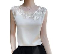 Sottogiacca Donna Elegante,Camicetta Da Donna Senza Maniche Canotte Estive Girocollo Canotta Canotta In Raso Di Seta Champagne Fiore Di Peonia Con Bordi In Pizzo Gilet Sexy T-Shirt Per Club Party Be