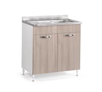Sottolavello per cucina componibile da 80 cm con due ante, realizzata in legno 100% MADE IN ITALY (Con Lavello Vasca a Destra, Olmo)