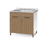 Sottolavello per cucina componibile da 80 cm con due ante, realizzata in legno 100% MADE IN ITALY (Con Lavello Vasca a Sinistra, Noce)