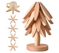 Sottopentola in legno per piatti caldi, a forma di albero, sottopentola per piatti caldi, 4 sottopentola in legno + 1 supporto per riporre come un albero di Natale (legno di faggio)