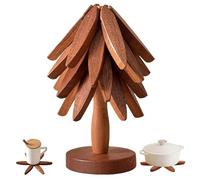 Sottopentola in legno per piatti caldi, set da 4 con supporto, in legno naturale, pieghevoli, per pentole, padelle, ciotole e teiere, color noce