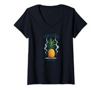 Sottosopra Ananas Express Tropical Retro Cool Vibes Maglietta con Collo a V, Donna, Nero, L