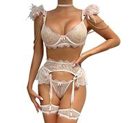 Sottoveste Donna Pizzo Aperto Donna Sexy Lingerie Biancheria Intima Sexy da 6 Pezzi con Catena in Metallo con Pizzo Staccabile in Piume Tinta Unita Hot Aperto Completo Rosso Pk1 M