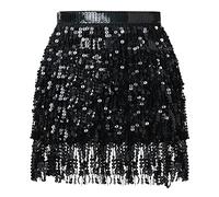 Soudittur Gonna con paillettes da donna, gonna multistrato con frange scintillanti per feste, danza e rave, nero, Taglia Unica
