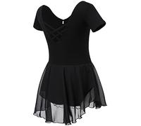Soudittur Vestito Costume da Balletto Manica Corta Body Danza Classica Ginnastica Artistica Balletto Leotard con Chiffon Gonna per Bambina e Ragazze (130, Nero)