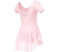 Soudittur Vestito Costume da Balletto Manica Corta Body Danza Classica Ginnastica Artistica Balletto Leotard con Chiffon Gonna per Bambina e Ragazze (130, Rosa)