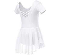 Soudittur Vestito Costume da Balletto Manica Corta Body Danza Classica Ginnastica Artistica Balletto Leotard con Chiffon Gonna per Bambina e Ragazze (150, Bianco)