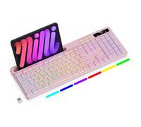 Soueto Tastiera wireless con retroilluminazione RGB a 7 colori, tastiera per computer full-size con supporto per telefono e tablet, tastiera da gioco ricaricabile 2,4 G con tasti luminosi, compatibile