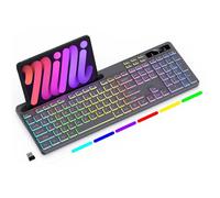 Soueto Tastiera wireless con retroilluminazione RGB a 7 colori, tastiera per computer full-size con supporto per telefono e tablet, tastiera da gioco ricaricabile 2,4 G con tasti luminosi, compatibile