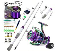 Sougayilang Combo canna da pesca a spinning in carbonio ultraleggero a 2 sezioni da 1,8 metri/5,9 piedi e mulinello per la pesca a spinning, con filo, esche, rapporto di trasmissione metallico per bob