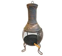 SOUK ONE Forno azteco Cancun, con gancio per grembiule, griglia in legno, parascintille, giardino, terrazza, forno antico, altezza 89 cm, effetto bronzo, decorazione, stufa in acciaio e ghisa