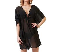 soul young Beach Cover ups per le donne Beachwear Chiffon Sexy Leggero Costumi Da Bagno Bikini Costume Da Bagno Scollo A V Coverup Lady Kimono, Nero , Etichettalia unica