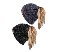soul young Coda di cavallo Messy Bun Beanie Tail Knit Hole Soft Stretch Cable Cappello invernale per le donne, Confezione da 2 - 3 toni nero e 2 toni blu navy, Etichettalia unica