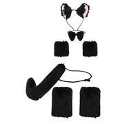 soul young Set con orecchie e coda di gatto in finta pelliccia, cerchietto per capelli con orecchie di volpe, kit di accessori per cosplay, polsini e scaldamuscoli, 5 pezzi (5 pezzi, nero)