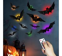 SoulBay Decorazione da parete a forma di pipistrello di Halloween, 48 pezzi, 10 misure, adesivi 3D in PVC con 12 lumini LED