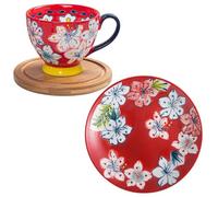 soulnioi 1 set di tazze e piattini in ceramica da 450 ml con piatto piano da 20,3 cm, tazza in ceramica dipinta con cammeo, adatto per latte, farina d'avena, tè, pizza e frutta (rosso)