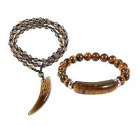 Soulnioi Braccialetto con perline e ponte in occhio di tigre e collana vintage con ciondolo a forma di dente di lupo in ossi