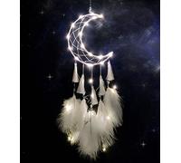 SoulQool Acchiappasogni con luci a LED, fatto a mano, con piume, luna e nappa, acchiappasogni da appendere alla parete, decorazione per la casa, per bambini, ragazze, adulti, camera da letto, regalo