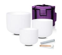 SOUNDELLO Set di 3 campane tibetane in cristallo, bianche, 17,8-27,9 cm, per meditazione, yoga, chakra del cuore, resistenti, con custodia imbottita in spugna, martello in gomma scamosciata, O-ring