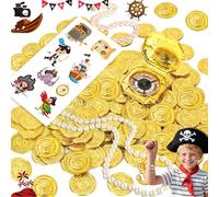 SoundZero 50 Pezzi Monete d'oro in metallo, Moneta d'oro per il tesoro dei pirati del compleanno dei bambini, Festa di compleanno per bambini del torace del tesoro, Con un adesivo per tatuaggi pirata