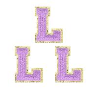sourcing map 3 toppe termoadesive in ciniglia con lettere dell'alfabeto, 5 cm, glitterate, in ciniglia, con bordo dorato, per abbigliamento, zaini, cappelli (viola, lettera L)