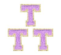 sourcing map 3 toppe termoadesive in ciniglia con lettere dell'alfabeto, 5 cm, glitterate, in ciniglia, con bordo dorato, per abbigliamento, zaini, cappelli (viola, lettera T)