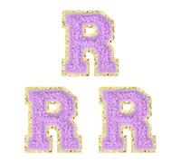sourcing map 3 toppe termoadesive in ciniglia con lettere dell'alfabeto, 5 cm, glitterate, in ciniglia, con bordo dorato, per abbigliamento, zaini, cappelli (viola, lettera R)