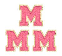 sourcing map 3 toppe termoadesive in ciniglia con lettere dell'alfabeto, 5 cm, glitterate, in ciniglia, con bordo dorato, per abbigliamento, zaini, cappelli (rosso rosa, lettera M)