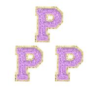 sourcing map 3 toppe termoadesive in ciniglia con lettere dell'alfabeto, 5 cm, glitterate, in ciniglia, con bordo dorato, per abbigliamento, zaini, cappelli (viola, lettera P)