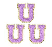 sourcing map 3 toppe termoadesive in ciniglia con lettere dell'alfabeto, 5 cm, glitterate, in ciniglia, con bordo dorato, per abbigliamento, zaini, cappelli (viola, lettera U)